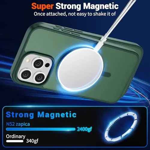 SUPFINE iPhone 15 Pro Max uchun magnitli g‘ilof (MagSafe bilan mos) (Harbiy darajadagi tushishdan himoya) Yupqa yarim shaffof mato zarbga chidamli barmoq izlariga qarshi telefon g‘ilofi, o‘rmon yashili - 5
