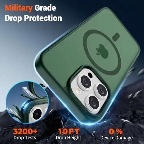 SUPFINE iPhone 15 Pro Max uchun magnitli g‘ilof (MagSafe bilan mos) (Harbiy darajadagi tushishdan himoya) Yupqa yarim shaffof mato zarbga chidamli barmoq izlariga qarshi telefon g‘ilofi, o‘rmon yashili - 4