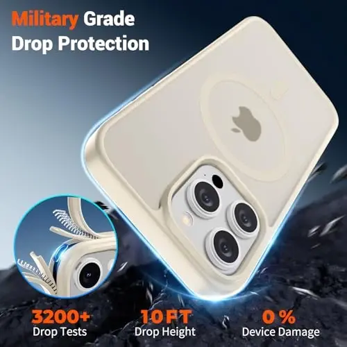 SUPFINE iPhone 15 Pro Max uchun magnitli g'ilof (MagSafe bilan mos keladi) (Harbiy darajadagi himoya) Shaffof matli, zarbga chidamli va barmoq izlariga qarshi telefon g'ilofi, Antik oq - 4