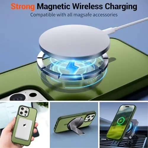 SUPFINE iPhone 15 Pro uchun magnit g'ilof (MagSafe bilan mos keladi) (Harbiy darajadagi tushishdan himoya) Yarim shaffof mat zarbga chidamli, barmoq izlariga qarshi telefon g'ilofi, Cangling yashil - 3