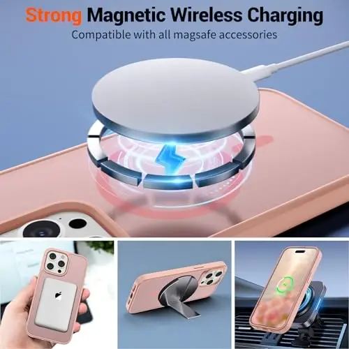 SUPFINE iPhone 15 Pro uchun magnitli g'ilof (MagSafe bilan mos) (harbiy darajadagi tushishdan himoya) Yengil shaffof mato zarbga chidamli barmoq izlariga qarshi telefon g'ilofi, pushti - 3