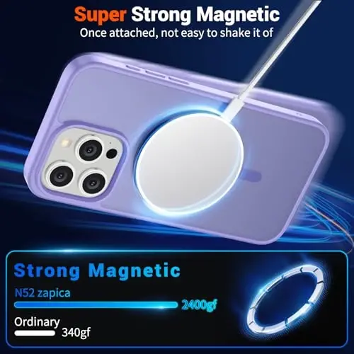 SUPFINE iPhone 15 Pro uchun magnitli g'ilof (MagSafe bilan mos) (harbiy darajadagi tushishdan himoya) Yupqa yarim shaffof mat zarba o'tkazmaydigan barmoq izlariga qarshi telefon g'ilofi, binafsha - 3