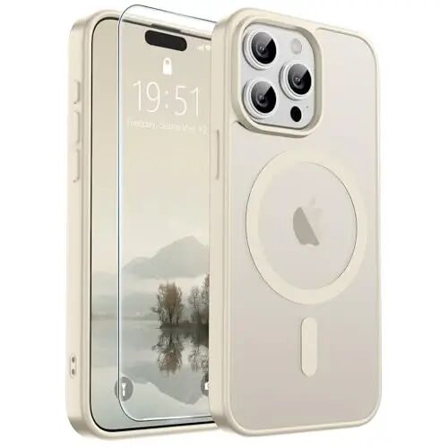 SUPFINE iPhone 15 Pro uchun magnitli g'ilof (MagSafe bilan mos) (Harbiy standartdagi zarbadan himoya) Yupqa yarim shaffof mato zarbga chidamli barmoq izlariga qarshi telefon g'ilofi, Antik oq 