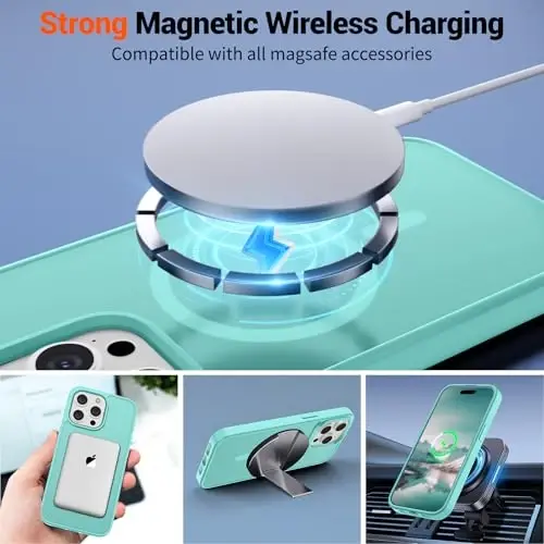 SUPFINE iPhone 15 Pro uchun magnitli g'ilof (MagSafe bilan mos keladi) (Harbiy darajadagi tushishdan himoya) Shaffof matli zarbaga chidamli telefon g'ilofi, Ko'k-yashil - 3