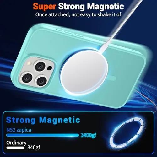 SUPFINE iPhone 15 Pro uchun magnitli g'ilof (MagSafe bilan mos keladi) (Harbiy darajadagi tushishdan himoya) Shaffof matli zarbaga chidamli telefon g'ilofi, Ko'k-yashil - 5
