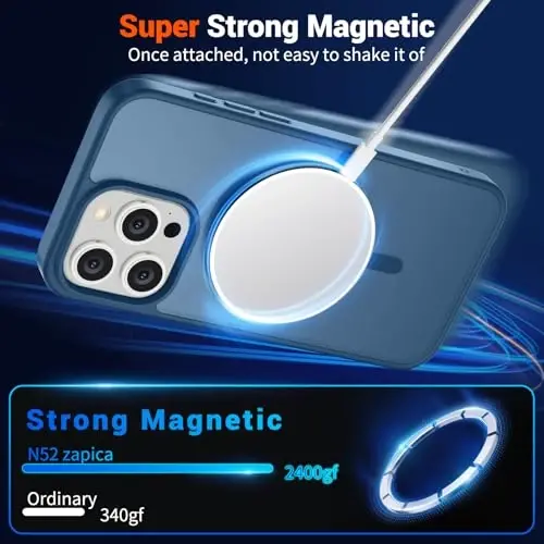 SUPFINE iPhone 15 Pro uchun magnitli g'ilof (MagSafe bilan mos keladi) (Harbiy darajadagi tushishdan himoya) Yupqa yarim shaffof mat zarbga chidamli barmoq izlariga qarshi telefon g'ilofi, to'q ko'k - 3