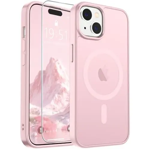 SUPFINE iPhone 15 uchun magnitli g'ilof, ekran himoyachisi bilan (MagSafe bilan mos keladi) (Harbiy darajadagi tushishdan himoya) Shaffof matli zarbaga chidamli telefon qopqog'i, Och pushti 