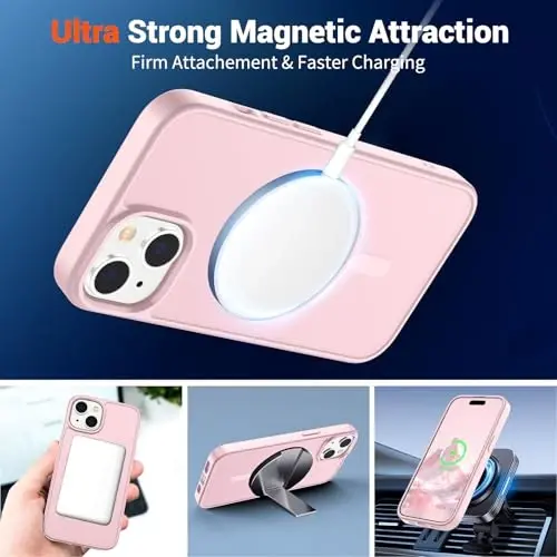SUPFINE iPhone 15 uchun magnitli g'ilof, ekran himoyachisi bilan (MagSafe bilan mos keladi) (Harbiy darajadagi tushishdan himoya) Shaffof matli zarbaga chidamli telefon qopqog'i, Och pushti - 5