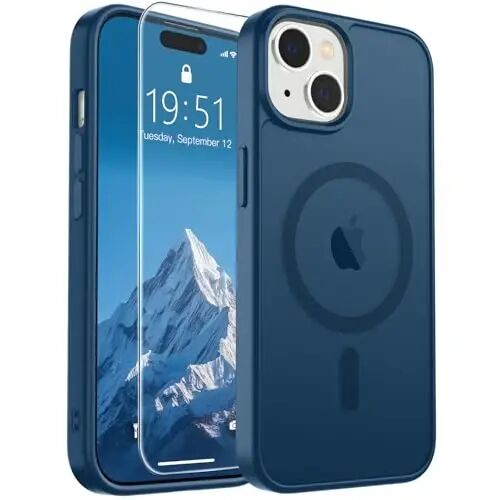 SUPFINE iPhone 15 uchun magnitli g‘ilof (MagSafe bilan mos) (Harbiy darajadagi tushishdan himoya) Yengil yarim shaffof mato zarbga chidamli barmoq izlariga qarshi telefon g‘ilofi, to‘q ko‘k 