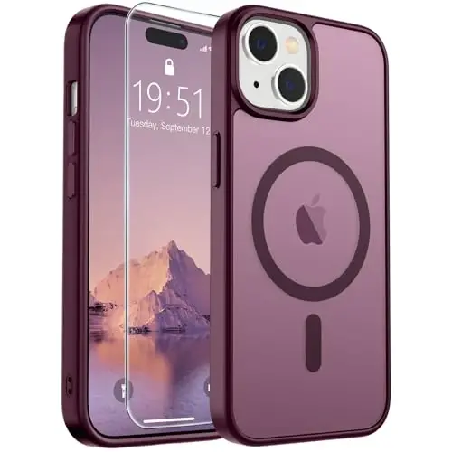 SUPFINE iPhone 15 uchun magnitli gʻilof (MagSafe bilan mos) (Harbiy darajadagi tushishdan himoya) Yupqa yarim shaffof matli zarbga chidamli barmoq izlariga qarshi telefon gʻilofi, vino qizil 