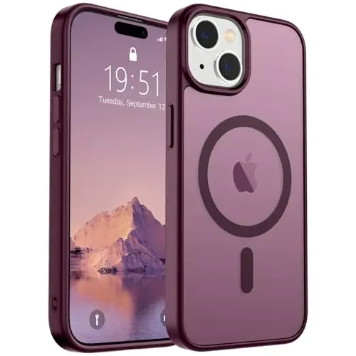 SUPFINE iPhone 15 uchun magnitli gʻilof (MagSafe bilan mos) (Harbiy darajadagi tushishdan himoya) Yupqa yarim shaffof matli zarbga chidamli barmoq izlariga qarshi telefon gʻilofi, vino qizil 