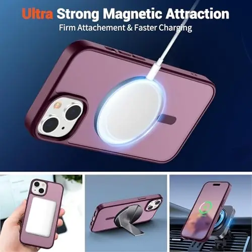 SUPFINE iPhone 15 uchun magnitli gʻilof (MagSafe bilan mos) (Harbiy darajadagi tushishdan himoya) Yupqa yarim shaffof matli zarbga chidamli barmoq izlariga qarshi telefon gʻilofi, vino qizil - 6
