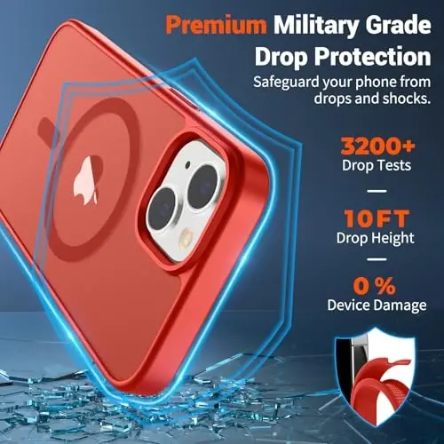 SUPFINE iPhone 15 uchun magnitli g‘ilof (MagSafe bilan mos keladi) (Harbiy darajadagi tushishdan himoya) Yengil yarim shaffof mat zarbga chidamli barmoq izlariga qarshi telefon g‘ilofi, Qizil - 3