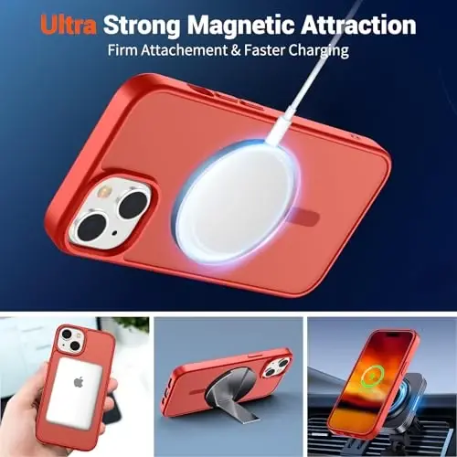SUPFINE iPhone 15 uchun magnitli g‘ilof (MagSafe bilan mos keladi) (Harbiy darajadagi tushishdan himoya) Yengil yarim shaffof mat zarbga chidamli barmoq izlariga qarshi telefon g‘ilofi, Qizil - 5