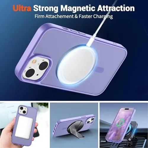 SUPFINE iPhone 15 uchun magnitli g‘ilof (MagSafe bilan mos keladi) (Harbiy darajadagi tushishdan himoya) Yupqa yarim shaffof mato zarbga chidamli barmoq izlariga qarshi telefon g‘ilofi, binafsha - 6