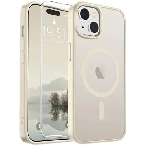 SUPFINE iPhone 15 uchun magnitli g‘ilof (MagSafe bilan mos keladi) (Harbiy standartdagi zarbadan himoya) Yupqa yarim shaffof mat zarbga chidamli barmoq izlariga qarshi telefon g‘ilofi, Antik oq 