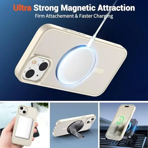 SUPFINE iPhone 15 uchun magnitli g‘ilof (MagSafe bilan mos keladi) (Harbiy standartdagi zarbadan himoya) Yupqa yarim shaffof mat zarbga chidamli barmoq izlariga qarshi telefon g‘ilofi, Antik oq - 6