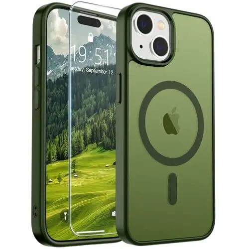 SUPFINE iPhone 15 uchun magnitli gʻilof (MagSafe bilan mos keladi) (harbiy standartga javob beruvchi zarbadan himoya) Yupqa yarim shaffof matli zarbga chidamli barmoq izlariga qarshi telefon gʻilofi, Cangling Green 