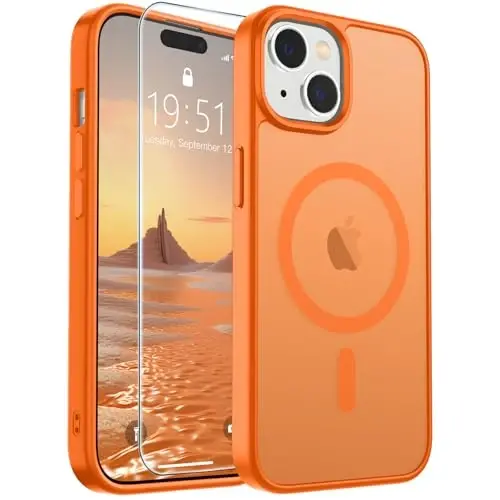 SUPFINE iPhone 15 uchun magnitli g‘ilof va ekran himoyasi (MagSafe bilan mos keladi) (Harbiy darajadagi tushishdan himoya) Yarim shaffof matli zarbaga chidamli telefon g‘ilofi, Yulduzli to‘q sariq 