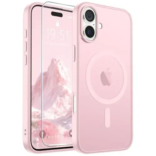 SUPFINE iPhone 16 için Manyetik Kılıf, Ekran Koruyuculu (MagSafe Uyumlu) (Askeri Sınıf Düşme Koruması) Yarı Saydam Mat Darbeye Dayanıklı Telefon Kılıfı, Açık Pembe 