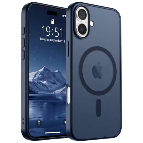 SUPFINE iPhone 16 için Manyetik Kılıf, Ekran Koruyuculu (MagSafe Uyumlu) (Askeri Sınıf Düşme Koruması) Yarı Saydam Mat Darbeye Dayanıklı Telefon Kılıfı, Koyu Mavi 