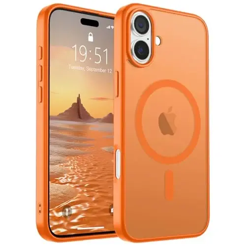 SUPFINE iPhone 16 için Manyetik Kılıf, Ekran Koruyuculu (MagSafe Uyumlu) (Askeri Sınıf Düşme Koruması) Yarı Saydam Mat Darbeye Dayanıklı Telefon Kılıfı, Yıldızlı Turuncu 