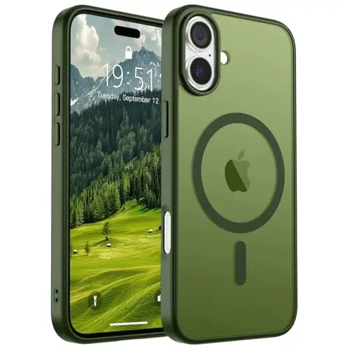 SUPFINE Magnetic for iPhone 16 Case (Compatible with MagSafe) (Military Grade Drop Protection) Slim Translucent Matte Shockproof with Anti-Fingerprint Phone Case,Cangling Green 