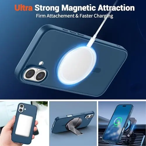 SUPFINE Magnetic for iPhone 16 Case with Screen Protector (Compatible with MagSafe) (Military Grade Drop Protection) Translucent Matte Shockproof with Anti-Fingerprint Phone Case,Deep Blue - 4