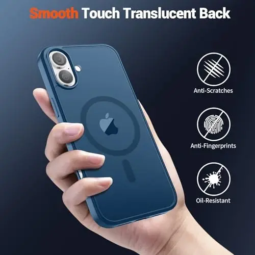SUPFINE Magnetic for iPhone 16 Case with Screen Protector (Compatible with MagSafe) (Military Grade Drop Protection) Translucent Matte Shockproof with Anti-Fingerprint Phone Case,Deep Blue - 5
