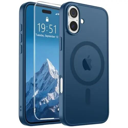 SUPFINE Magnetic for iPhone 16 Case Deep Blue | With Screen Protector, Translucent Matte, Compatible with MagSafe, Military Grade Drop Proof, Rugged Shockproof Protective 