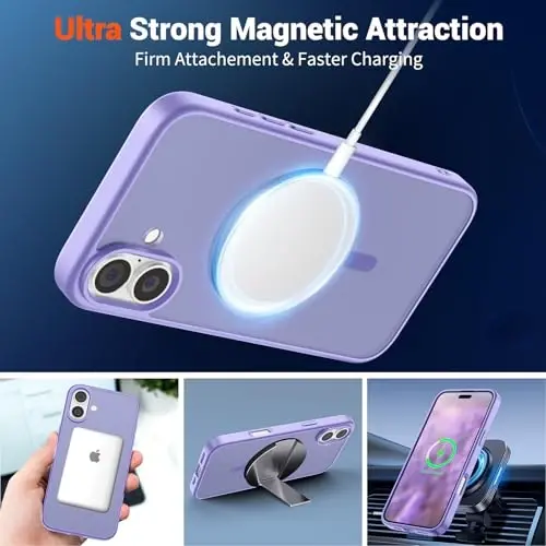 SUPFINE Magnetic for iPhone 16 Case (Compatible with MagSafe) (Military Grade Drop Protection) Slim Translucent Matte Shockproof with Anti-Fingerprint Phone Case,Purple - 5