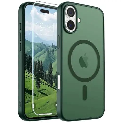 SUPFINE Magnetic for iPhone 16 Case (Compatible with MagSafe) (Military Grade Drop Protection) Slim Translucent Matte Shockproof with Anti-Fingerprint Phone Case,Forest Green 