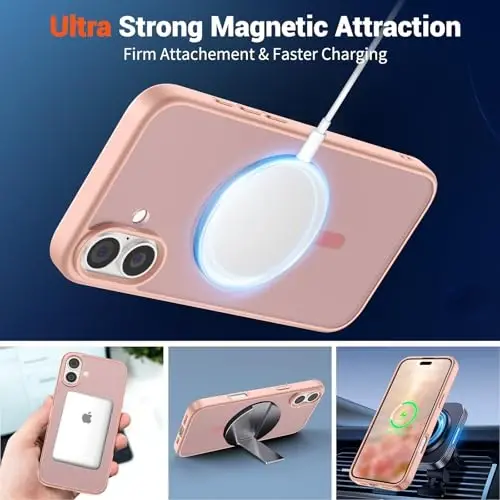 SUPFINE Magnetic for iPhone 16 Case (Compatible with MagSafe) (Military Grade Drop Protection) Slim Translucent Matte Shockproof with Anti-Fingerprint Phone Case,Pink - 5