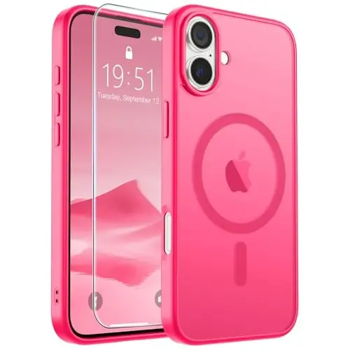 SUPFINE Magnetic for iPhone 16 Case (Compatible with MagSafe) (Military Grade Drop Protection) Slim Translucent Matte Shockproof with Anti-Fingerprint Phone Case,Hot Pink - 1