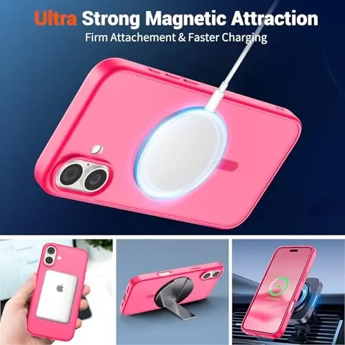 SUPFINE Magnetic for iPhone 16 Case (Compatible with MagSafe) (Military Grade Drop Protection) Slim Translucent Matte Shockproof with Anti-Fingerprint Phone Case,Hot Pink - 5