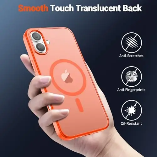 SUPFINE Magnetic for iPhone 16 Case (Compatible with MagSafe) (Military Grade Drop Protection) Slim Translucent Matte Shockproof with Anti-Fingerprint Phone Case,Orange - 6