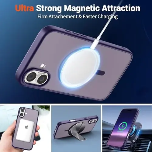SUPFINE Magnetic for iPhone 16 Case (Compatible with MagSafe) (Military Grade Drop Protection) Slim Translucent Matte Shockproof Phone Cover,Dark Purple - 5