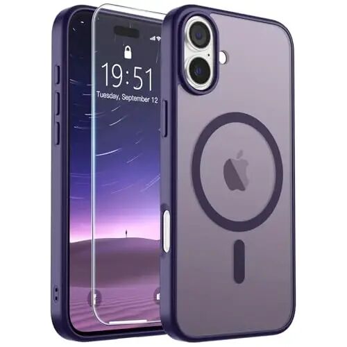 SUPFINE Magnetic for iPhone 16 Case Dark Purple | With Screen Protector, Translucent Matte, Compatible with MagSafe, Military Grade Drop Proof, Rugged Shockproof Protective 