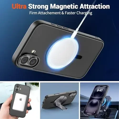 SUPFINE Magnetic for iPhone 16 Case (Compatible with MagSafe) (Military Grade Drop Protection) Translucent Matte Shockproof with Anti-Fingerprint Phone Cover,Black - 5