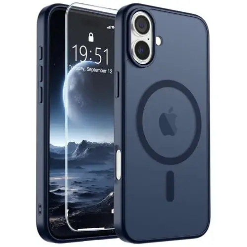 SUPFINE iPhone 16 Plus için Manyetik Kılıf, Ekran Koruyuculu (MagSafe ile Uyumlu) (Askeri Sınıf Düşme Koruması) Yarı Saydam Mat Darbeye Dayanıklı Telefon Kılıfı, Koyu Mavi 