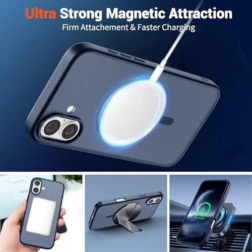 SUPFINE iPhone 16 Plus için Manyetik Kılıf, Ekran Koruyuculu (MagSafe ile Uyumlu) (Askeri Sınıf Düşme Koruması) Yarı Saydam Mat Darbeye Dayanıklı Telefon Kılıfı, Koyu Mavi - 5