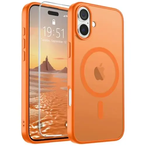 SUPFINE iPhone 16 Plus için Manyetik Kılıf, Ekran Koruyuculu (MagSafe Uyumlu) (Askeri Sınıf Düşme Koruması) Yarı Saydam Mat Darbeye Dayanıklı Telefon Kapağı, Yıldızlı Turuncu 