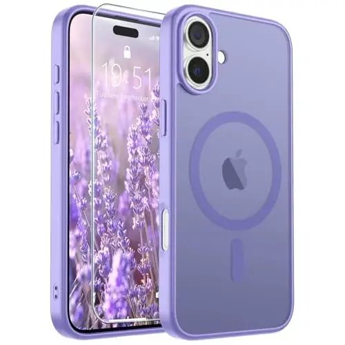 SUPFINE Magnetic for iPhone 16 Plus Case Purple | With Screen Protector, Translucent Matte, Compatible with MagSafe, Military Grade Drop Proof, Rugged Shockproof Protective 