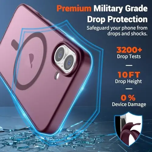 SUPFINE Magnetic for iPhone 16 Plus Case(Compatible with MagSafe)(10 FT Military Grade Drop Protection) Slim Translucent Matte Shockproof with Anti-Fingerprint Phone Case,Wine Red - 2