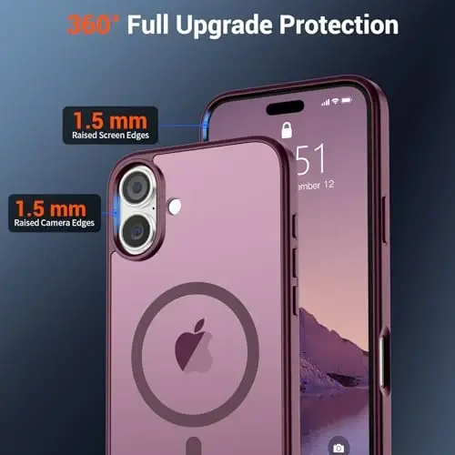 SUPFINE Magnetic for iPhone 16 Plus Case(Compatible with MagSafe)(10 FT Military Grade Drop Protection) Slim Translucent Matte Shockproof with Anti-Fingerprint Phone Case,Wine Red - 3