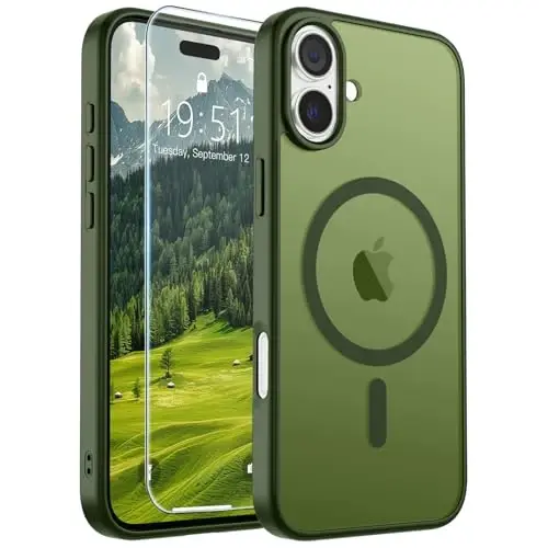 SUPFINE Magnetic for iPhone 16 Plus Case (Compatible with MagSafe) (Military Grade Drop Protection) Slim Translucent Matte Shockproof with Anti-Fingerprint Phone Case,Cangling Green - 6