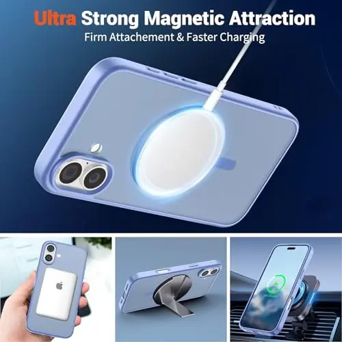 SUPFINE iPhone 16 Plus uchun magnitli g‘ilof (MagSafe bilan mos) (Harbiy darajadagi tushishdan himoya) Yupqa yarim shaffof mat zarbga chidamli barmoq izlariga qarshi telefon g‘ilofi, ko‘k binafsha - 5