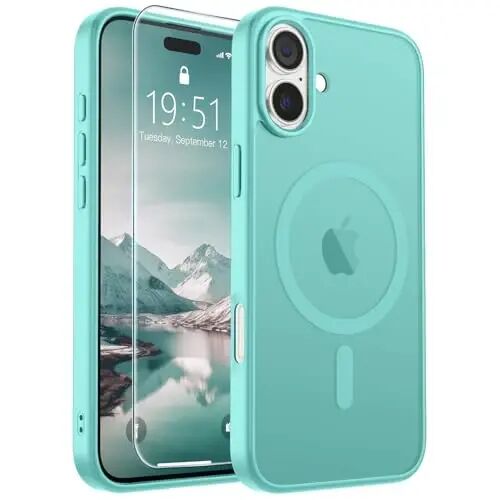SUPFINE iPhone 16 Plus uchun magnitli gʻilof (MagSafe bilan mos) (Harbiy darajadagi tushishdan himoya) Yupqa yarim shaffof mat zarbga chidamli barmoq izlariga qarshi telefon gʻilofi, koʻk yashil 