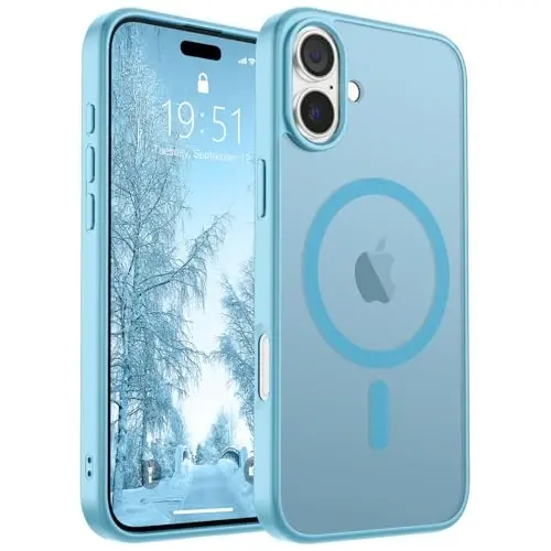 SUPFINE iPhone 16 Plus uchun magnitli g‘ilof (MagSafe bilan mos keladi) (harbiy standartdagi zarbadan himoya) Yengil yarim shaffof mato zarbga chidamli barmoq izlariga qarshi telefon g‘ilofi, och ko‘k 