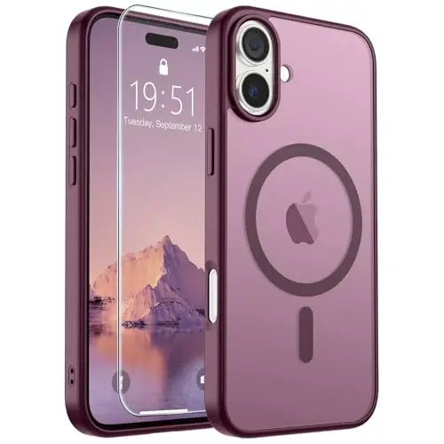 SUPFINE iPhone 16 Plus uchun magnitli g‘ilof (MagSafe bilan mos)(10 FT harbiy darajadagi tushishdan himoya) Yengil yarim shaffof matli zarbga chidamli barmoq izlariga qarshi telefon g‘ilofi, vino rangi - 6